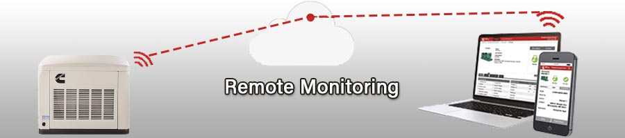 Depiction of commercial generator connected to remote monitoring application via the PowerCommand Cloud