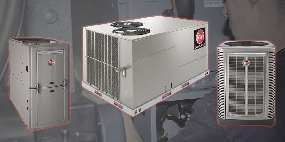 Two heating units overlay a picture of a Five Star installation technician installing a furnace