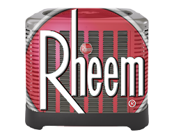 Rheem logo overlay on Rheem air conditioning unit