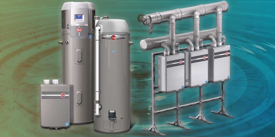 Water heaters over cool water backdrop